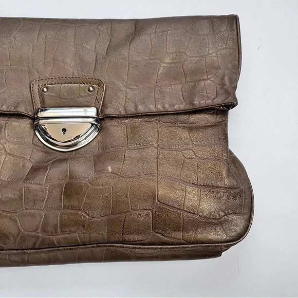Vintage Y2K Cynthia Rowley Embossed Bronze Leather Fold Over Buckle Clutch - Picture 4 of 14